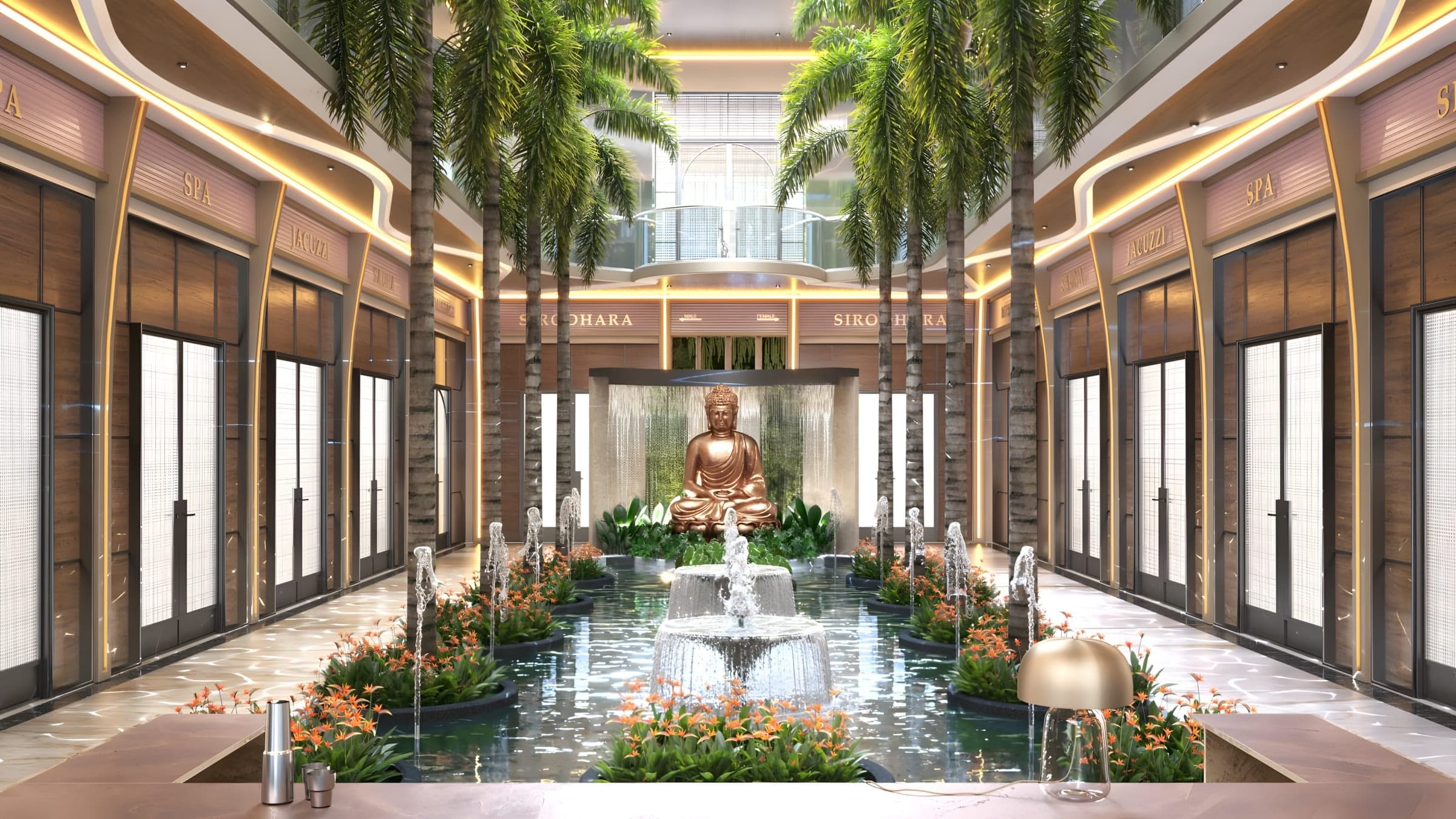 Render of a palm-lined atrium with a fountain and a reflecting pool