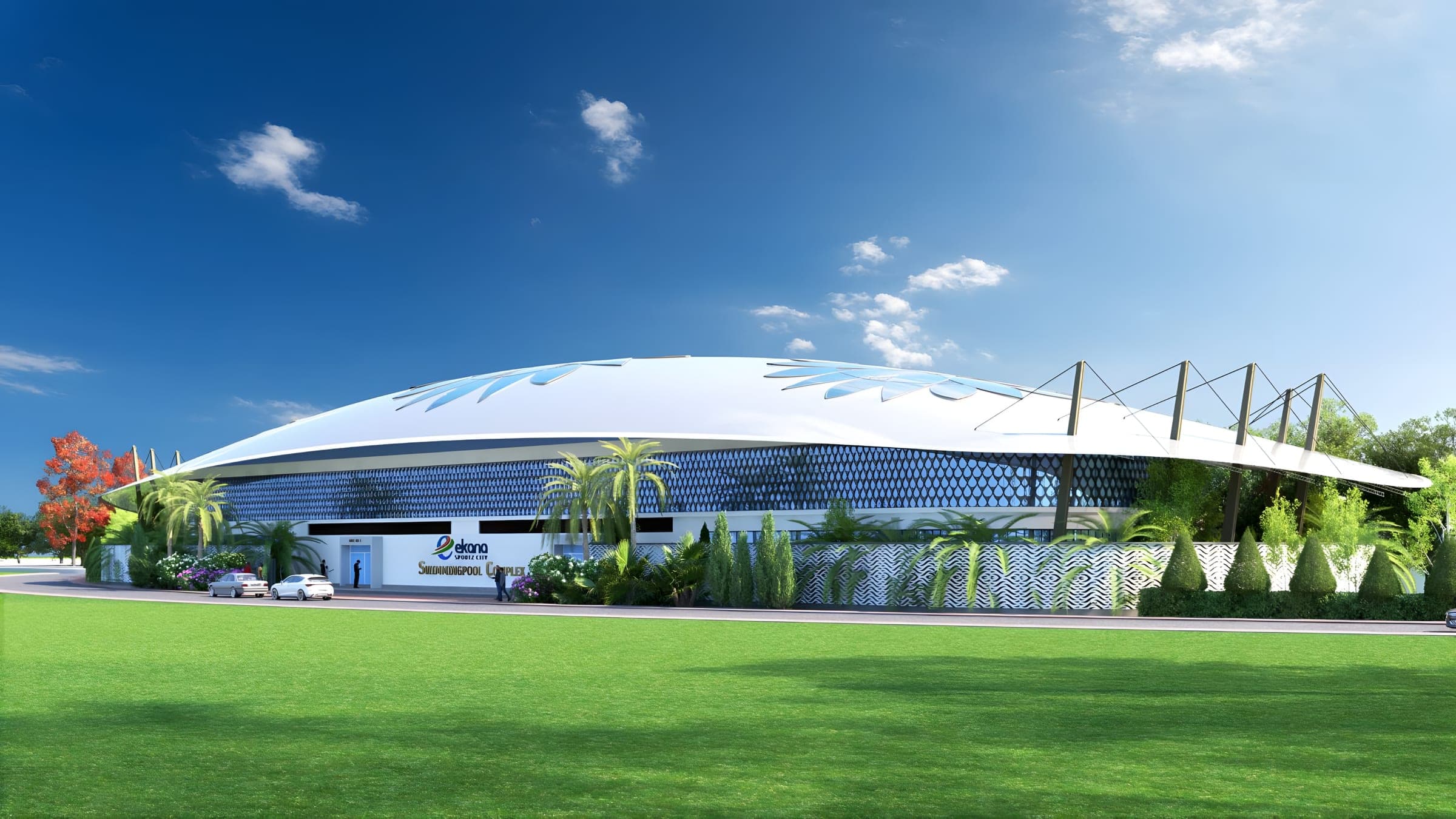 Render of the Ekana clubhouse: a white canopy roof over glass, set behind a wide lawn