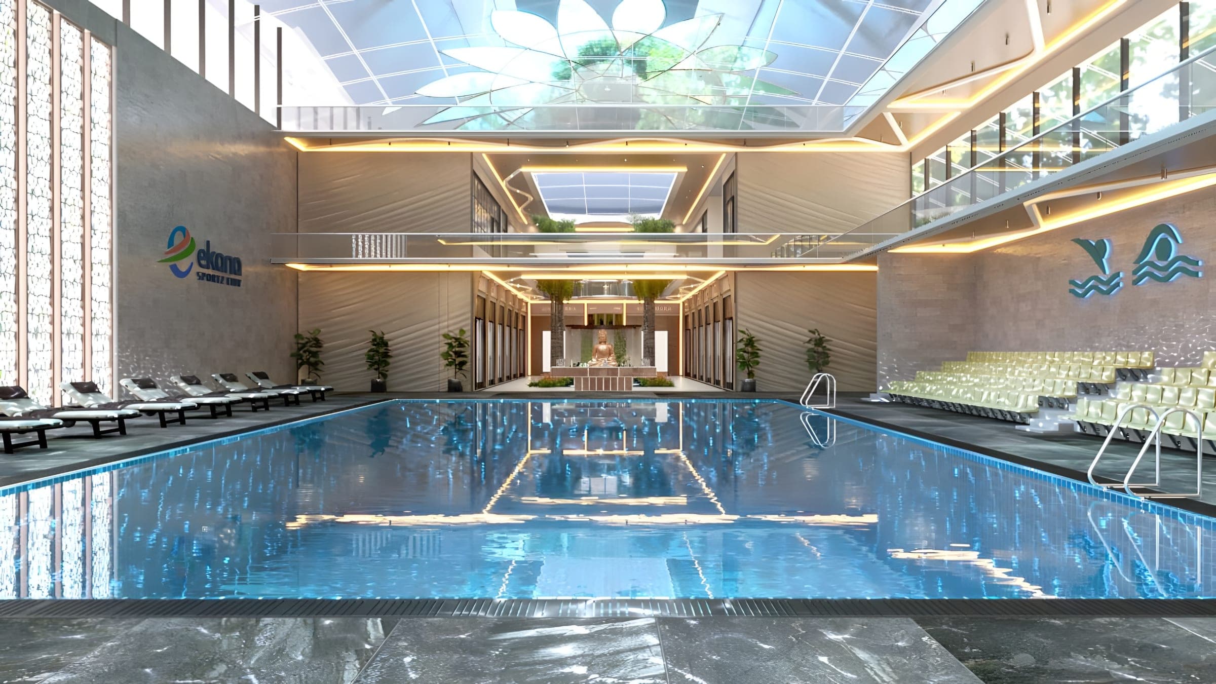 Render of the Ekana indoor pool under a skylight, with loungers along the side