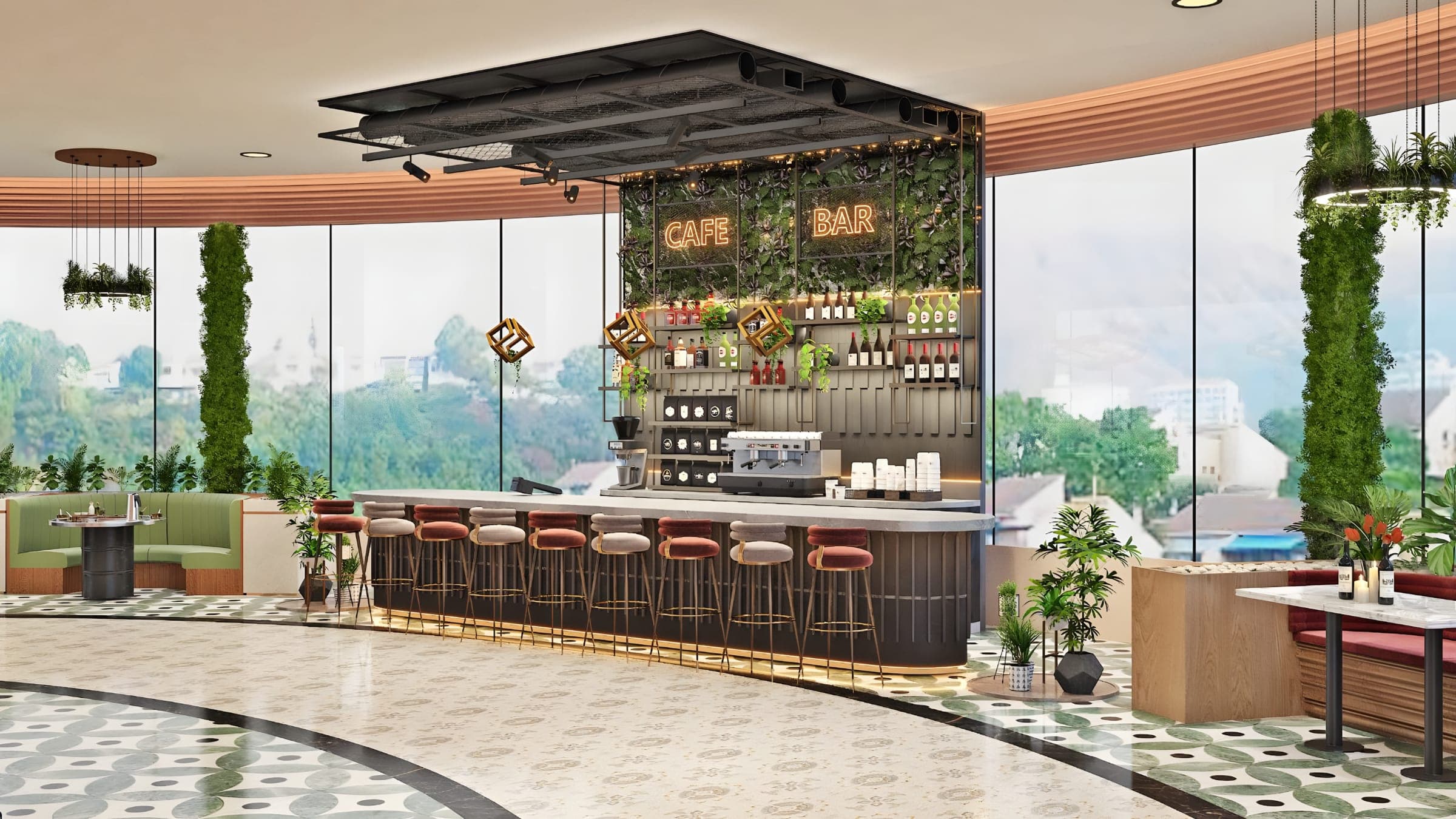 Render of the club café and bar, wrapped in floor-to-ceiling glass and planting